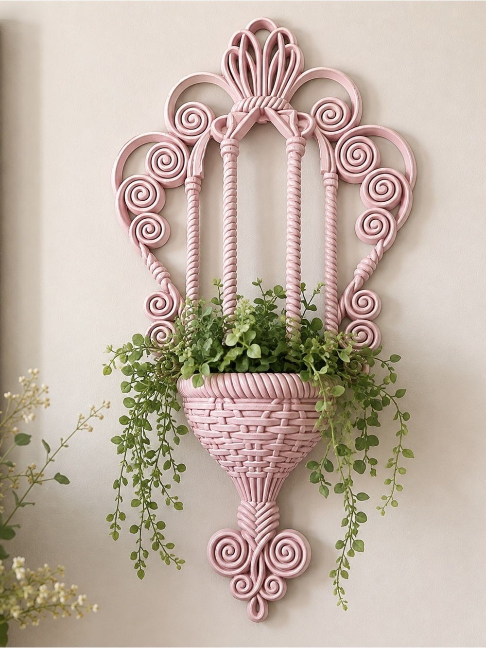 Wall Pocket Planter Vtg 70s Burwood #1628 Blush Pink Scroll MCM Shabby Chic 21"